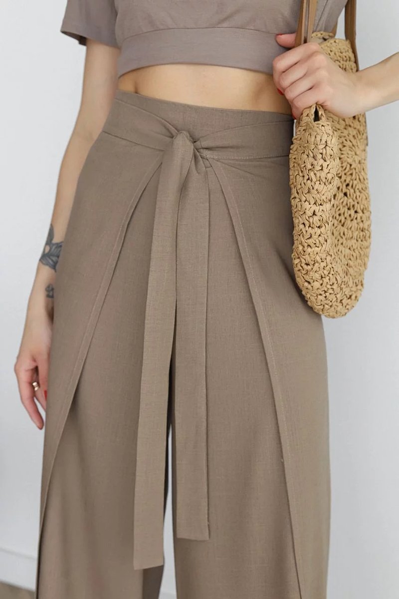 Women's High-Waist Tie-Front Linen Blend Wide Leg Trousers