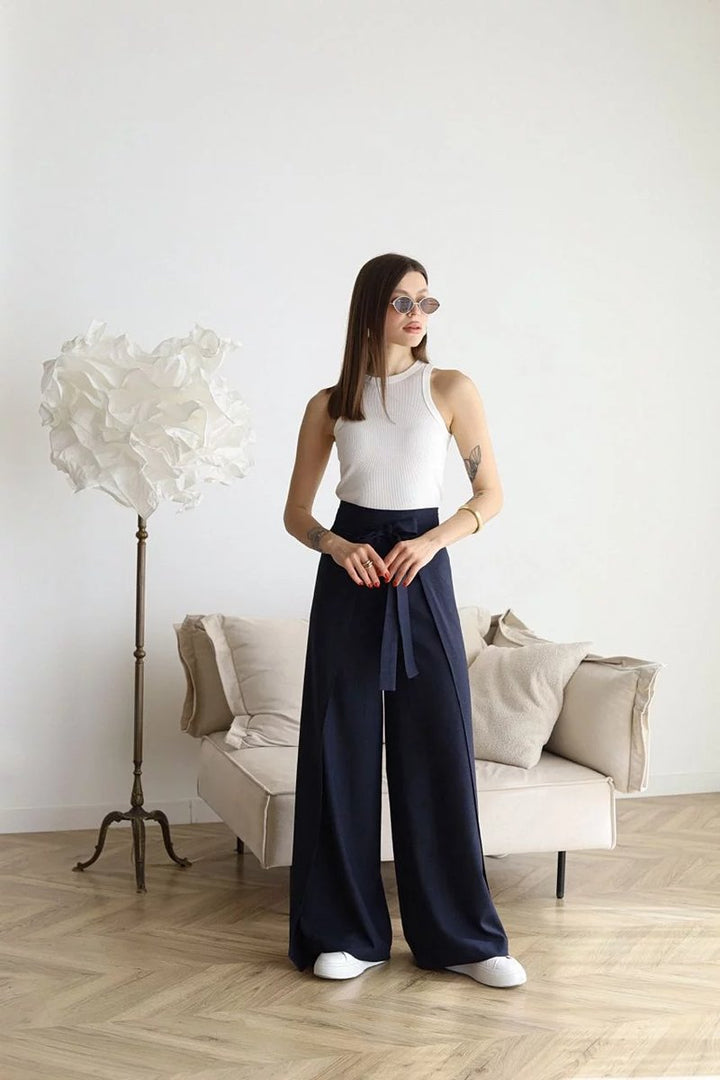 Women's High-Waist Tie-Front Linen Blend Wide Leg Trousers