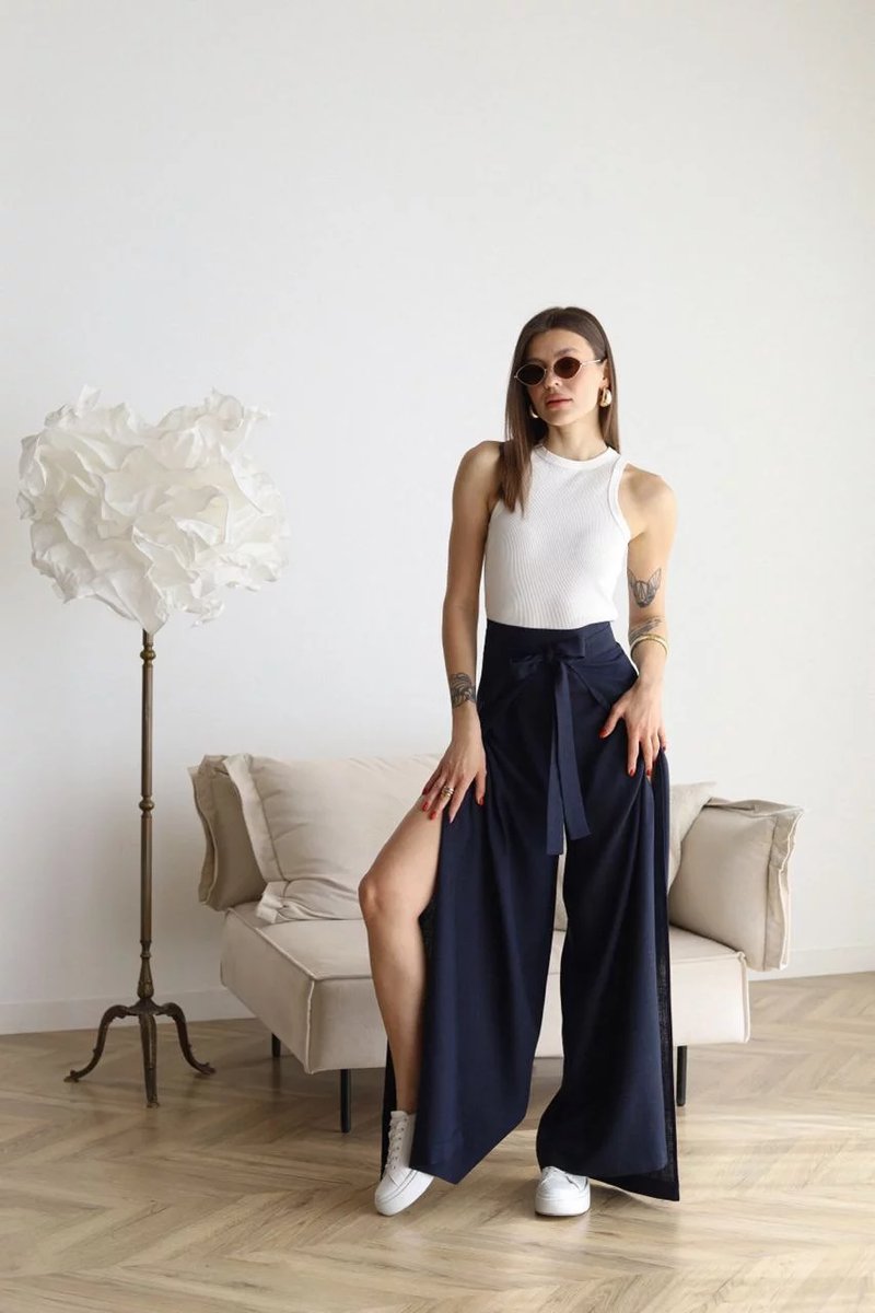 Women's High-Waist Tie-Front Linen Blend Wide Leg Trousers