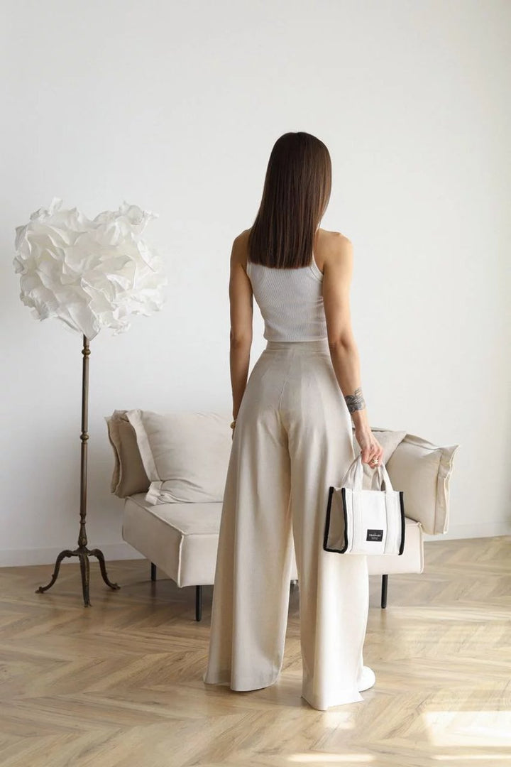 Women's High-Waist Tie-Front Linen Blend Wide Leg Trousers