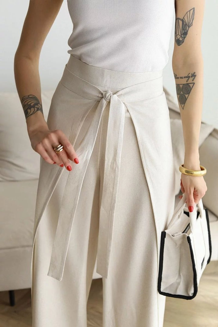 Women's High-Waist Tie-Front Linen Blend Wide Leg Trousers