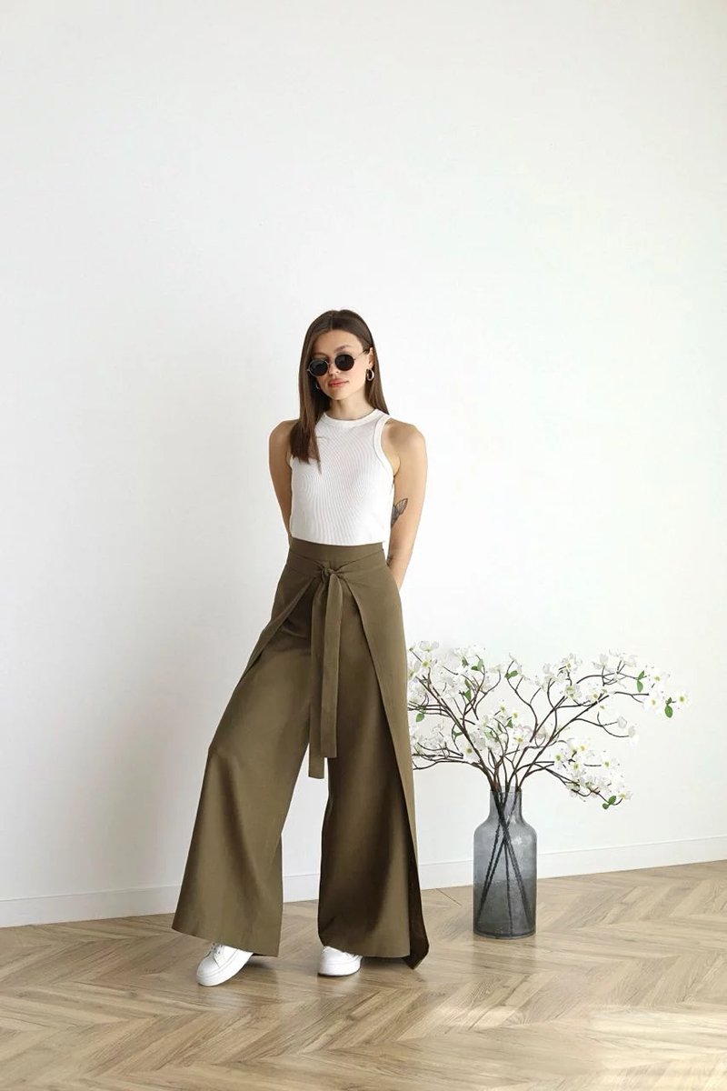 Women's High-Waist Tie-Front Linen Blend Wide Leg Trousers