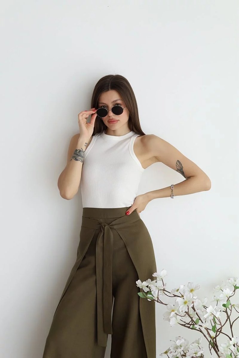 Women's High-Waist Tie-Front Linen Blend Wide Leg Trousers