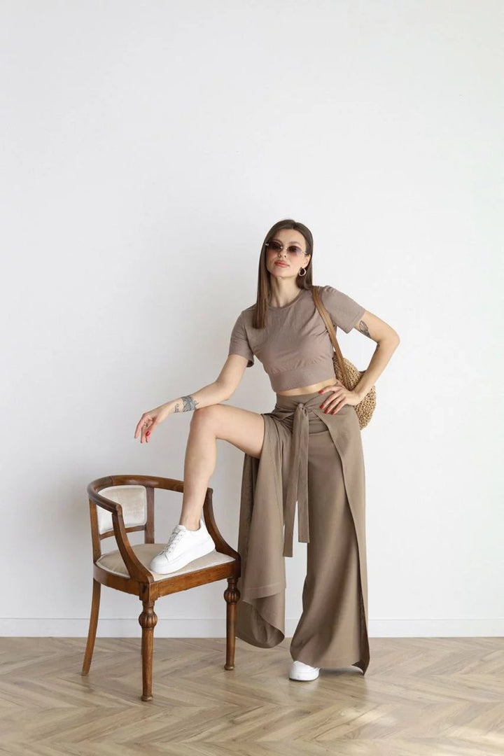 Women's High-Waist Tie-Front Linen Blend Wide Leg Trousers