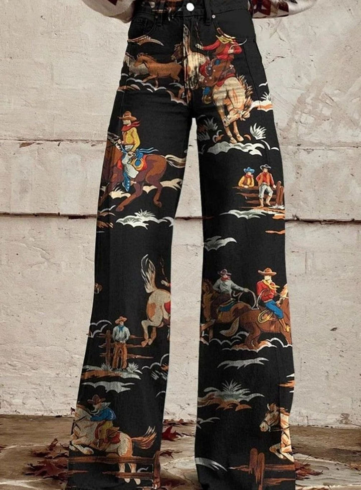 Women's High-Waist Wide-Leg Western Print Denim Trousers