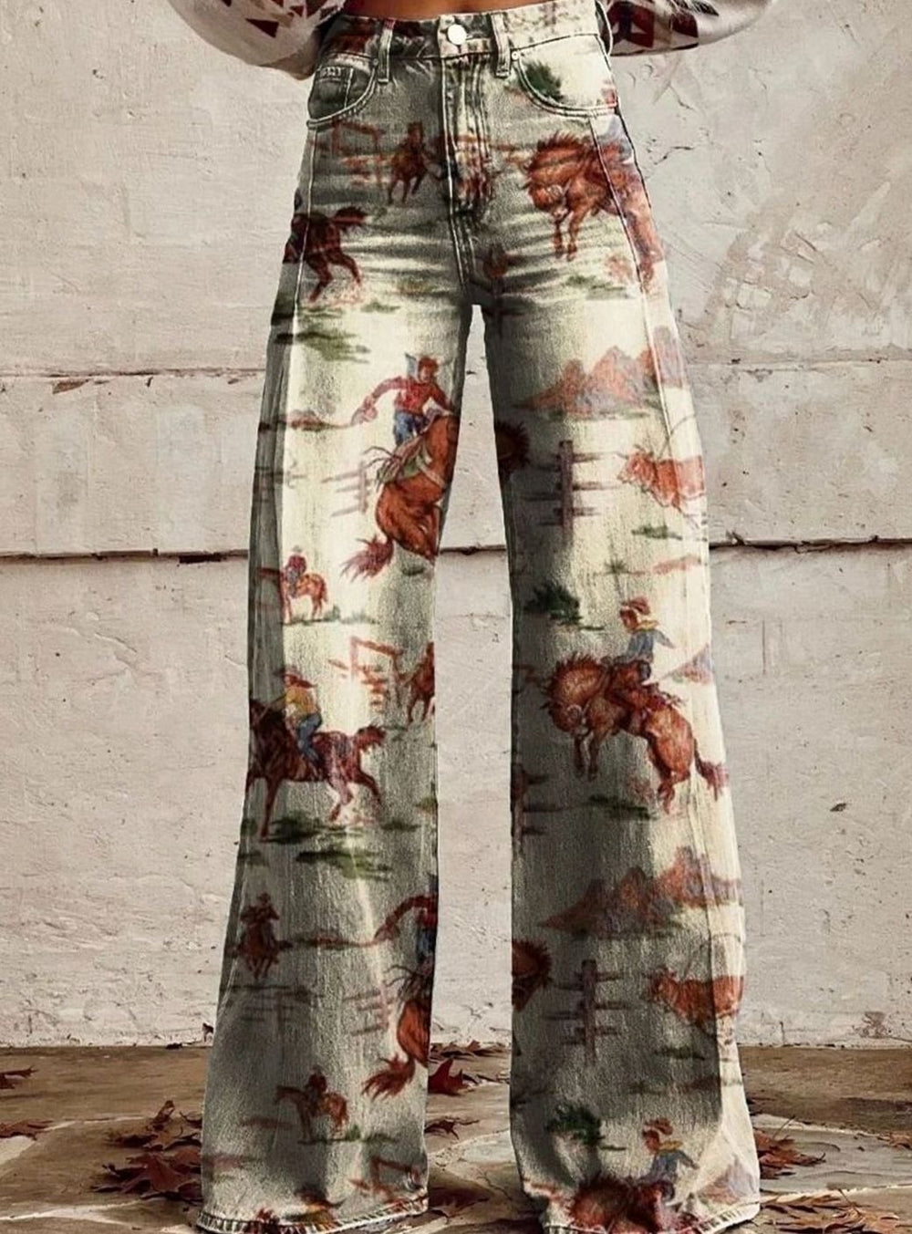 Women's High-Waist Wide-Leg Western Print Denim Trousers