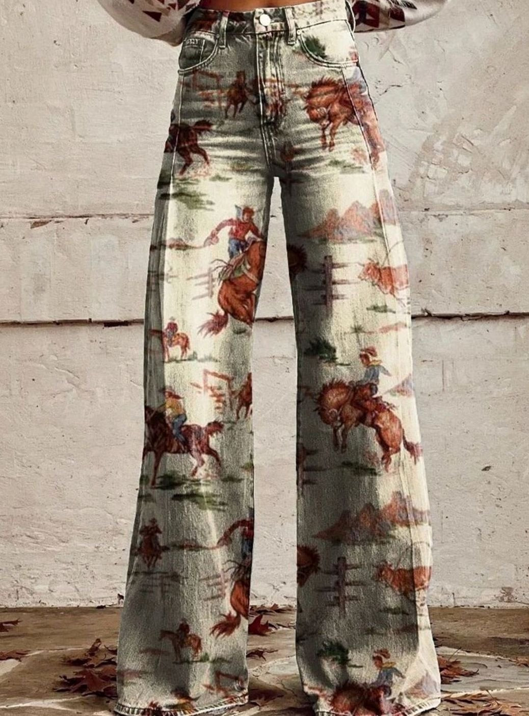 Women's High-Waist Wide-Leg Western Print Denim Trousers