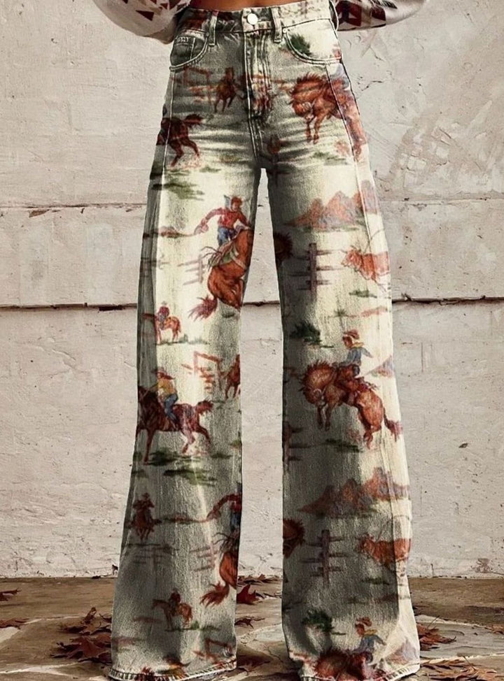 Women's High-Waist Wide-Leg Western Print Denim Trousers