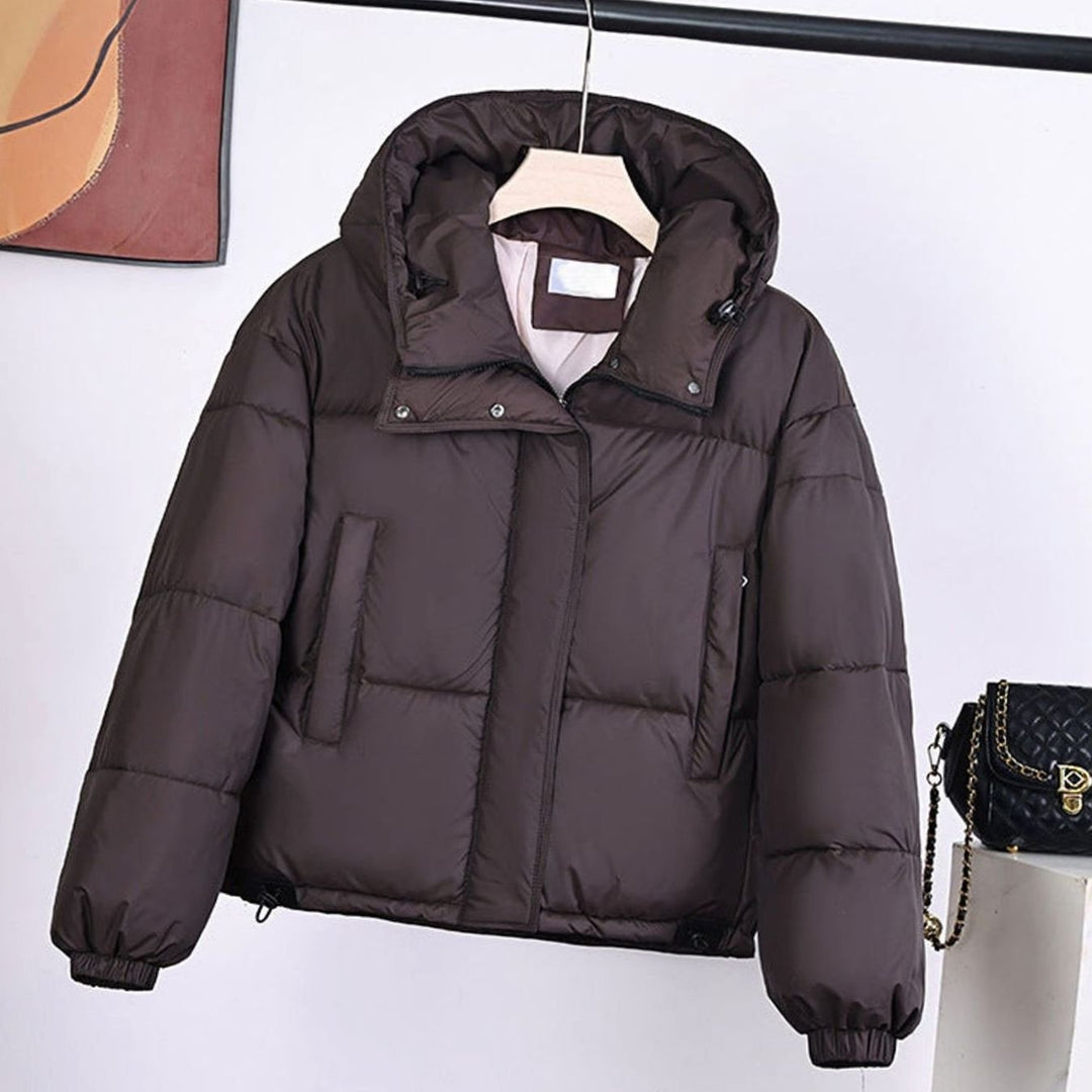 Women's Hooded Boxy-Fit Quilted Puffer Jacket Drawstring Hem - Dark Brown