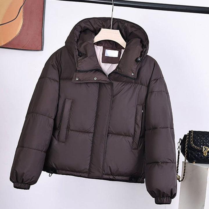 Women's Hooded Boxy-Fit Quilted Puffer Jacket Drawstring Hem - Dark Brown