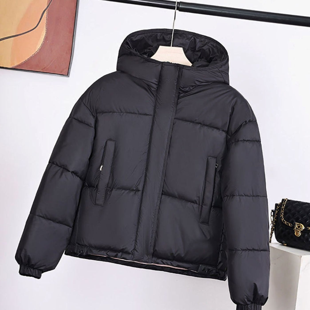 Women's Hooded Boxy-Fit Quilted Puffer Jacket Drawstring Hem - Black