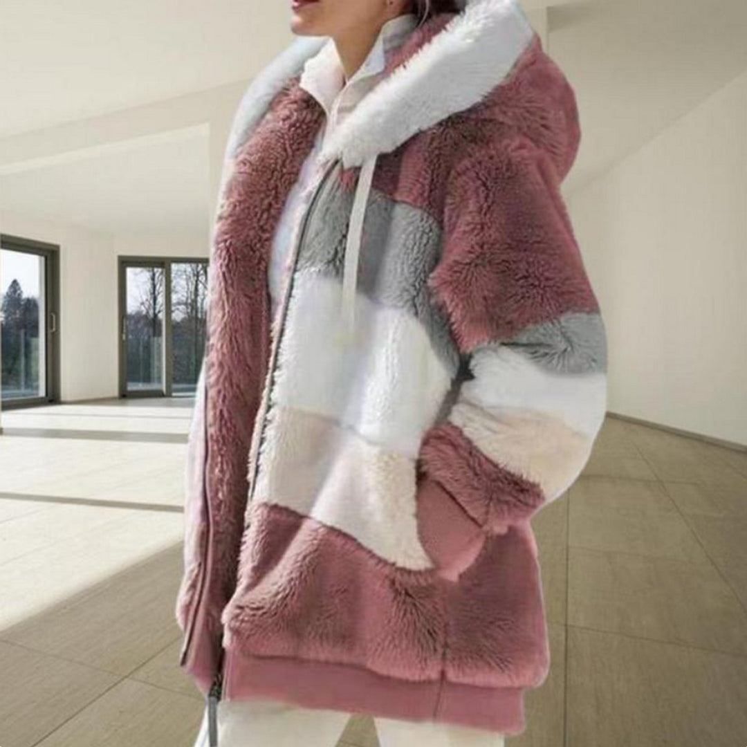 Women's Hooded Colour-Block Fluffy Faux Fur Coat