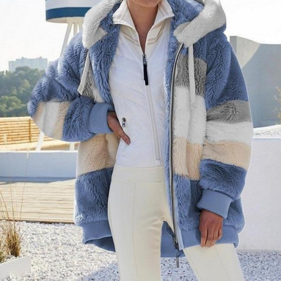 Women's Hooded Colour-Block Fluffy Faux Fur Coat