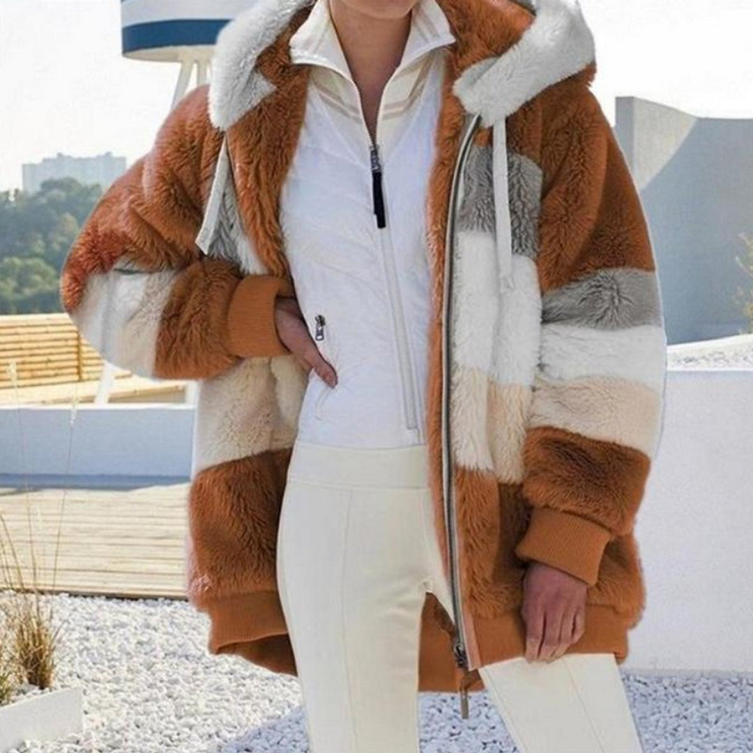 Women's Hooded Colour-Block Fluffy Faux Fur Coat