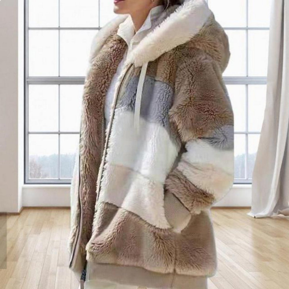 Women's Hooded Colour-Block Fluffy Faux Fur Coat