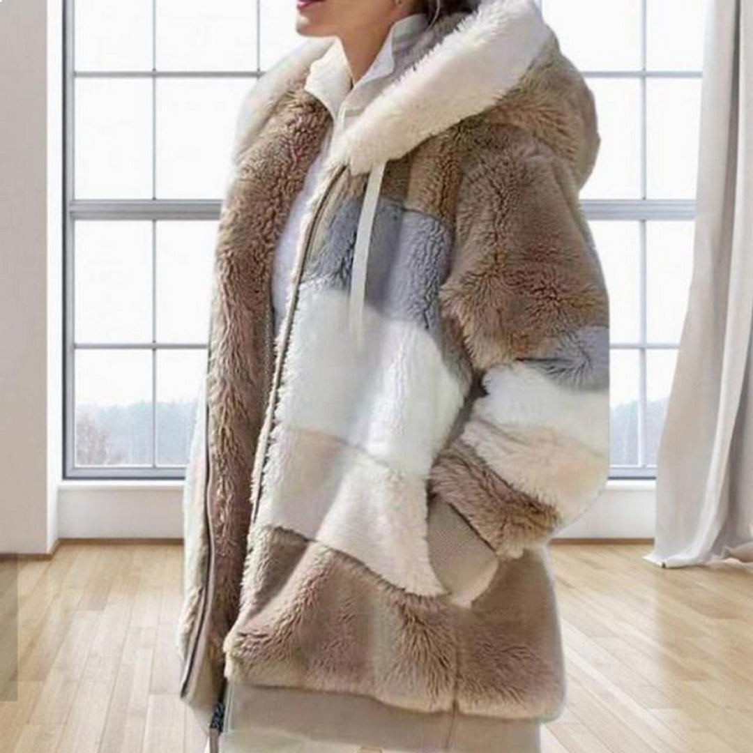 Women's Hooded Colour-Block Fluffy Faux Fur Coat