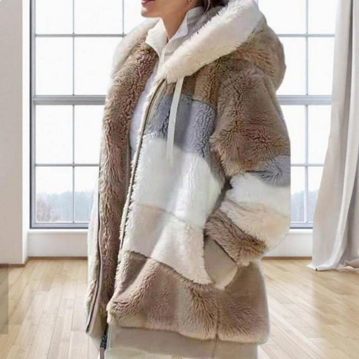 Women's Hooded Colour-Block Fluffy Faux Fur Coat