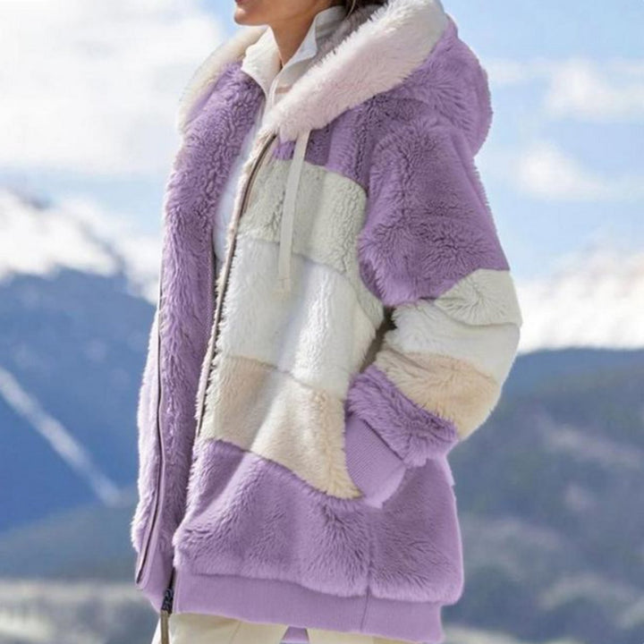 Women's Hooded Colour-Block Fluffy Faux Fur Coat