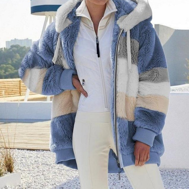Women's Hooded Colour-Block Fluffy Faux Fur Coat