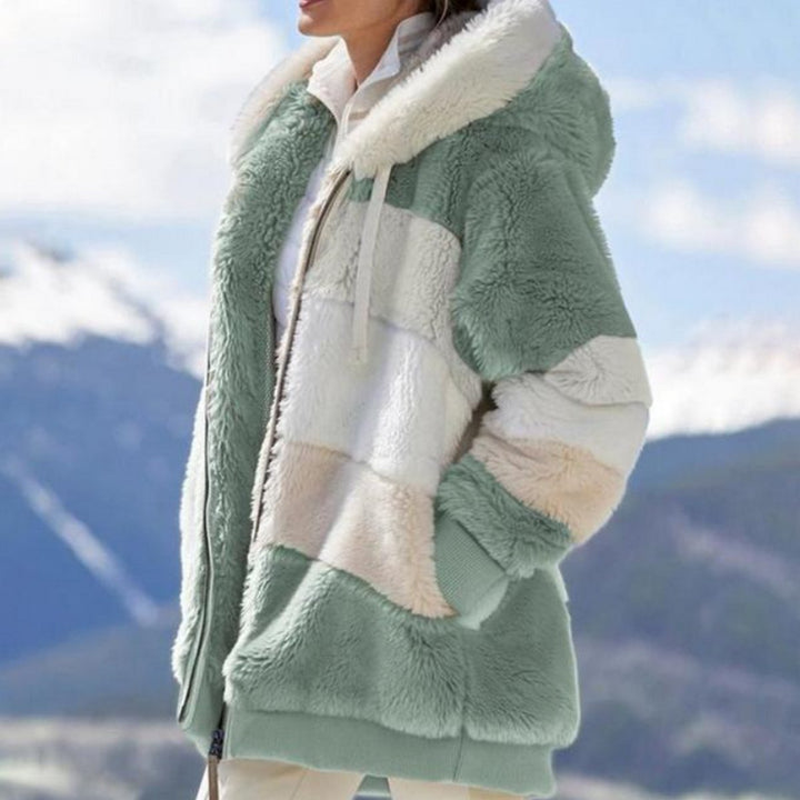 Women's Hooded Colour-Block Fluffy Faux Fur Coat