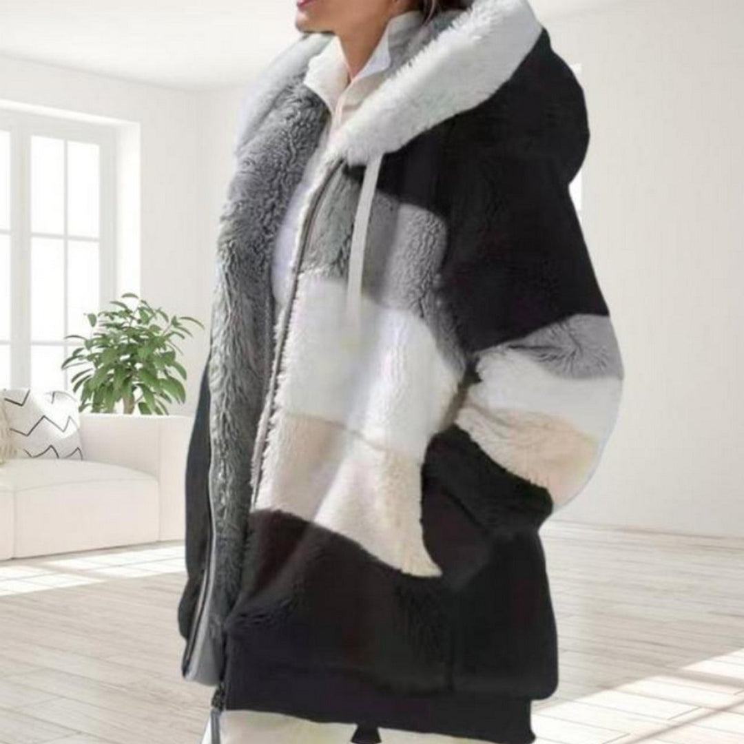 Women's Hooded Colour-Block Fluffy Faux Fur Coat