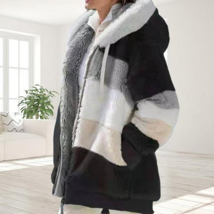 Women's Hooded Colour-Block Fluffy Faux Fur Coat