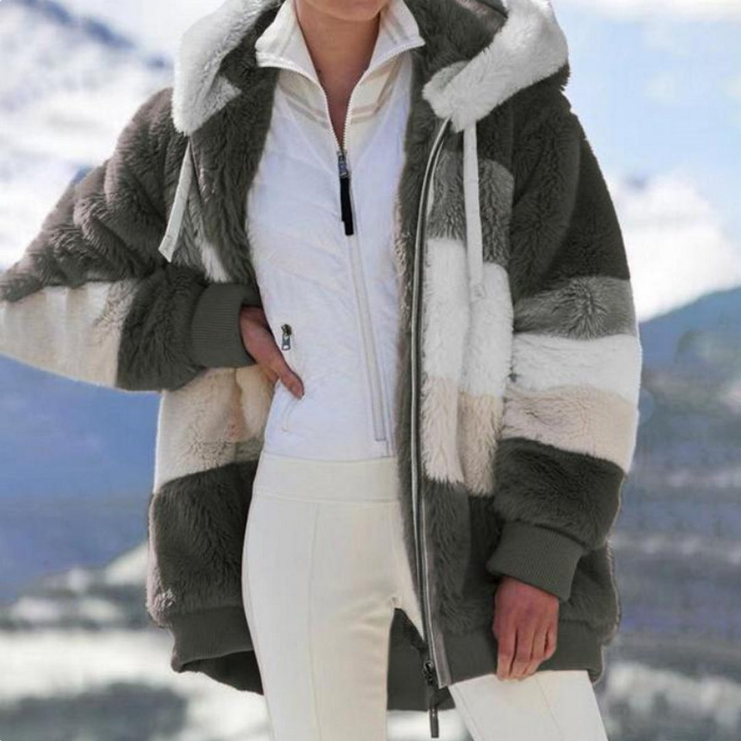 Women's Hooded Colour-Block Fluffy Faux Fur Coat