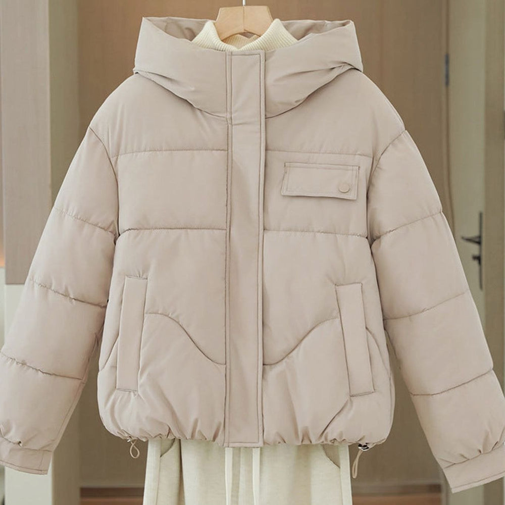 Women's Hooded Cropped Boxy Puffer Jacket Hidden Zip - Khaki
