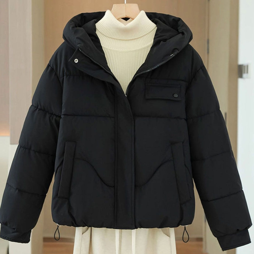 Women's Hooded Cropped Boxy Puffer Jacket Hidden Zip - Black