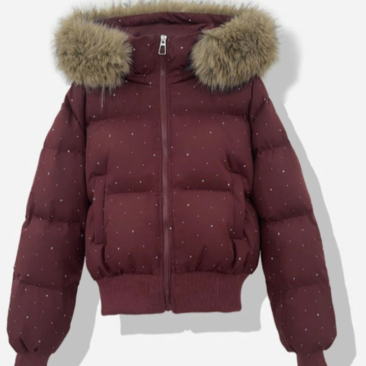 Women's Hooded Diamante Quilted Cropped Puffer Jacket Faux Fur Trim - Red