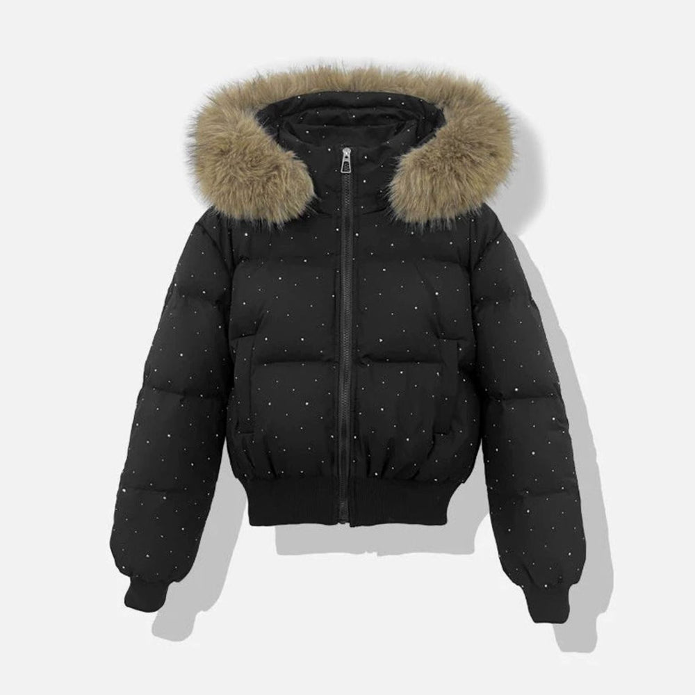 Women's Hooded Diamante Quilted Cropped Puffer Jacket Faux Fur Trim