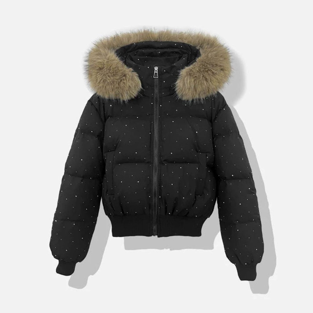 Women's Hooded Diamante Quilted Cropped Puffer Jacket Faux Fur Trim