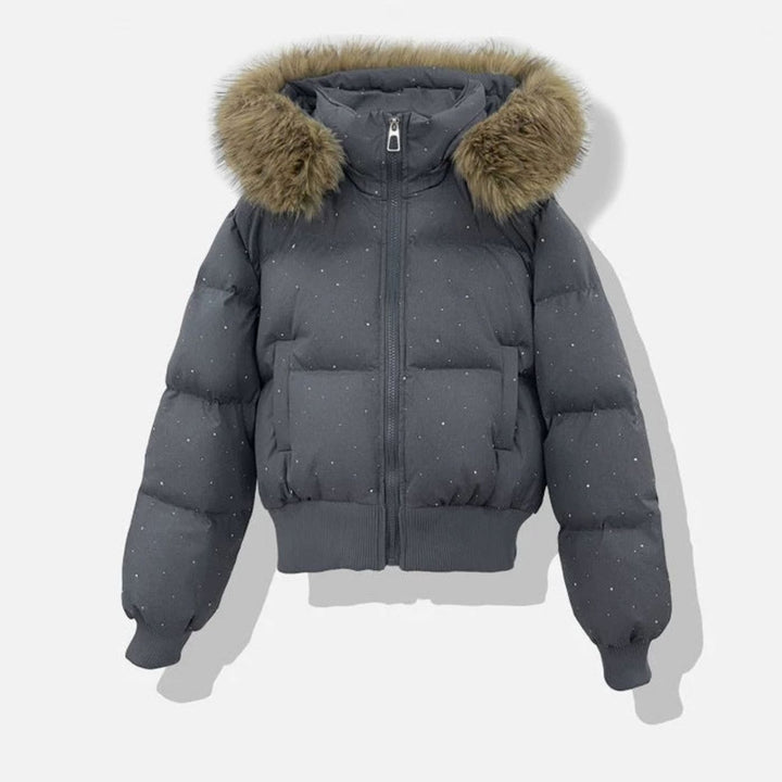 Women's Hooded Diamante Quilted Cropped Puffer Jacket Faux Fur Trim