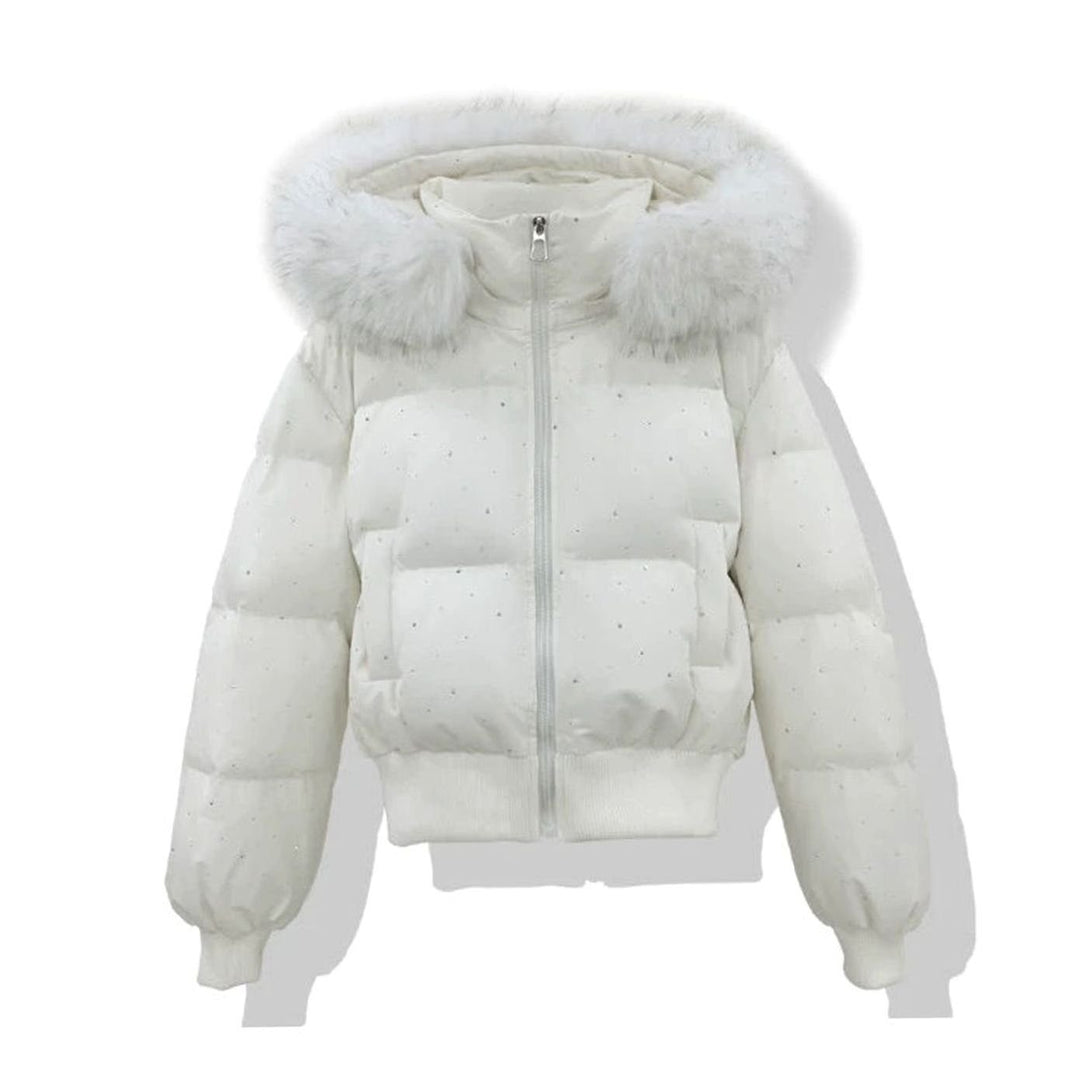 Women's Hooded Diamante Quilted Cropped Puffer Jacket Faux Fur Trim
