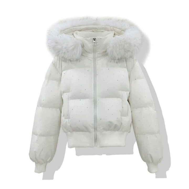 Women's Hooded Diamante Quilted Cropped Puffer Jacket Faux Fur Trim