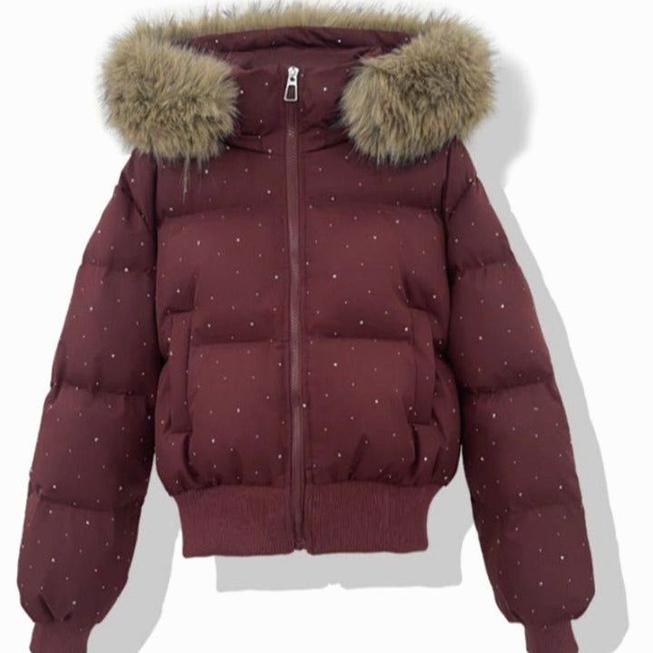 Women's Hooded Diamante Quilted Cropped Puffer Jacket Faux Fur Trim