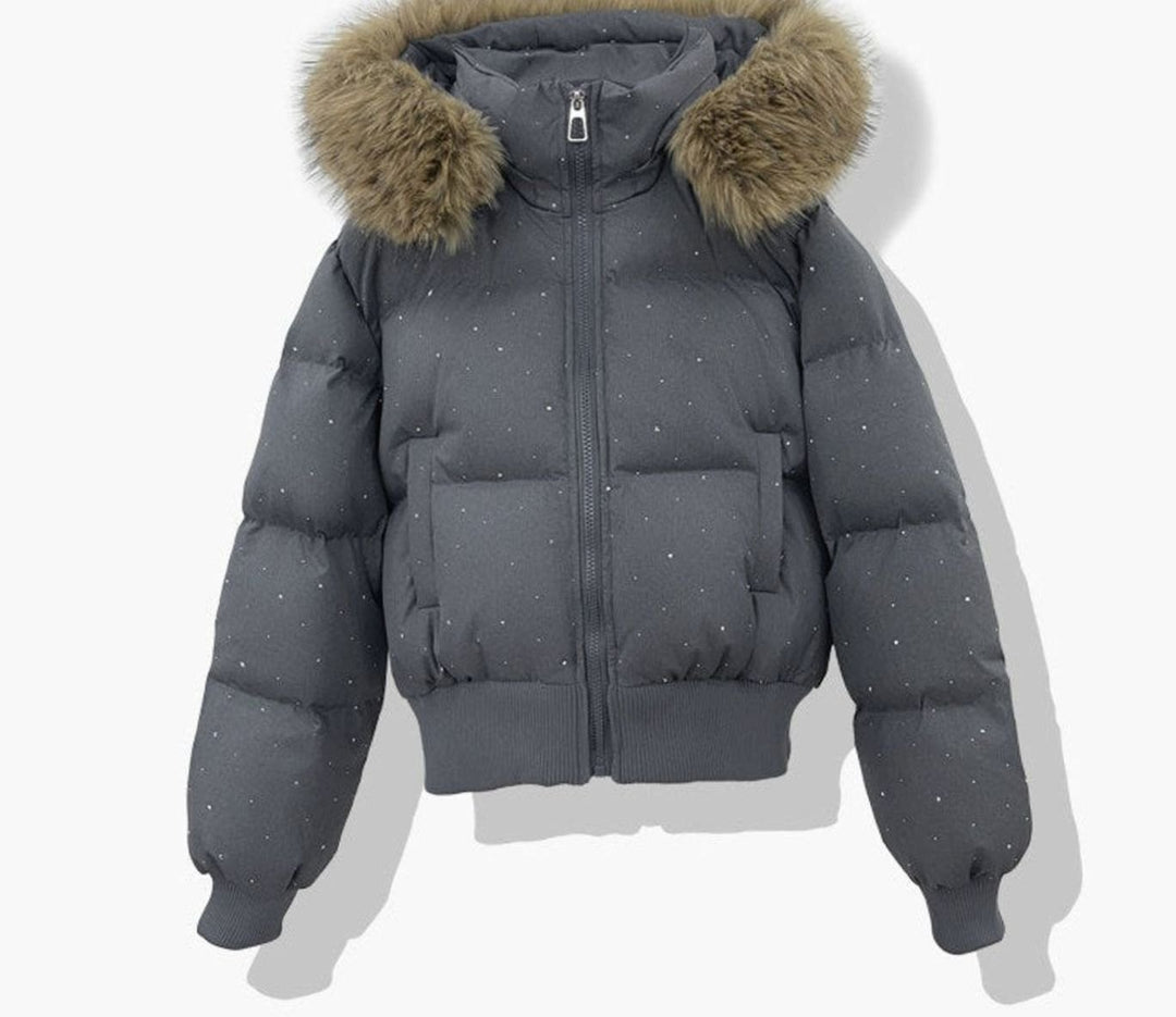 Women's Hooded Diamante Quilted Cropped Puffer Jacket Faux Fur Trim - Grey