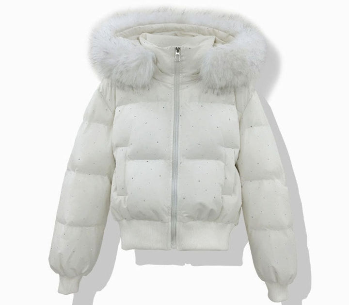 Women's Hooded Diamante Quilted Cropped Puffer Jacket Faux Fur Trim - White
