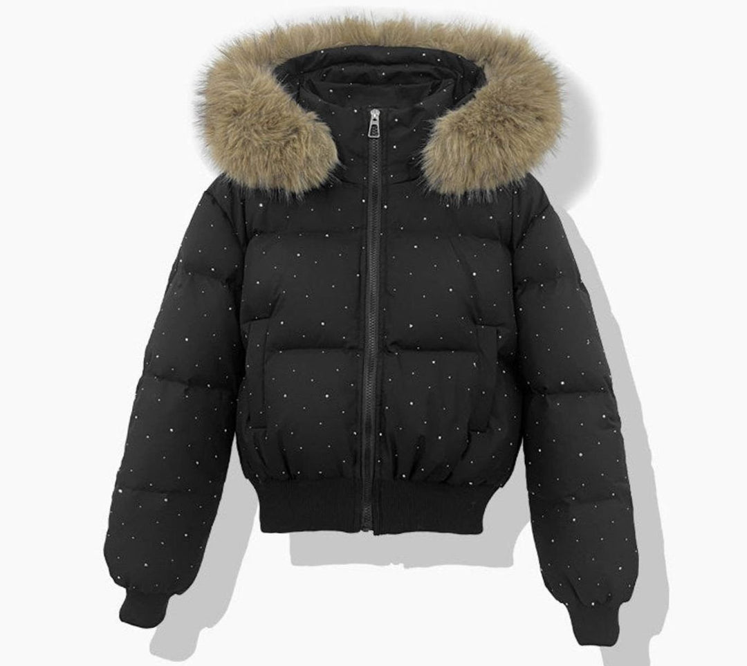 Women's Hooded Diamante Quilted Cropped Puffer Jacket Faux Fur Trim - Black