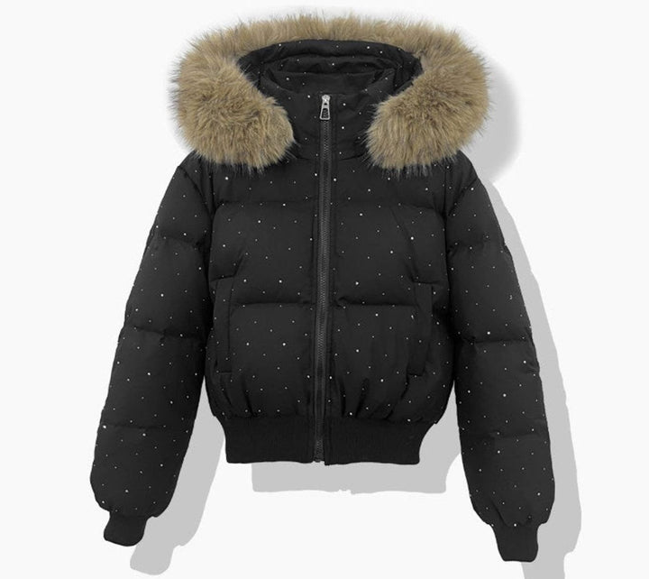 Women's Hooded Diamante Quilted Cropped Puffer Jacket Faux Fur Trim - Black