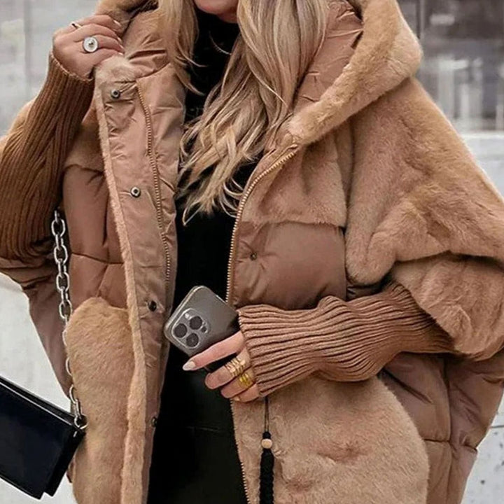 Women's Hooded Faux Fur Trim Quilted Puffer Jacket - Brown