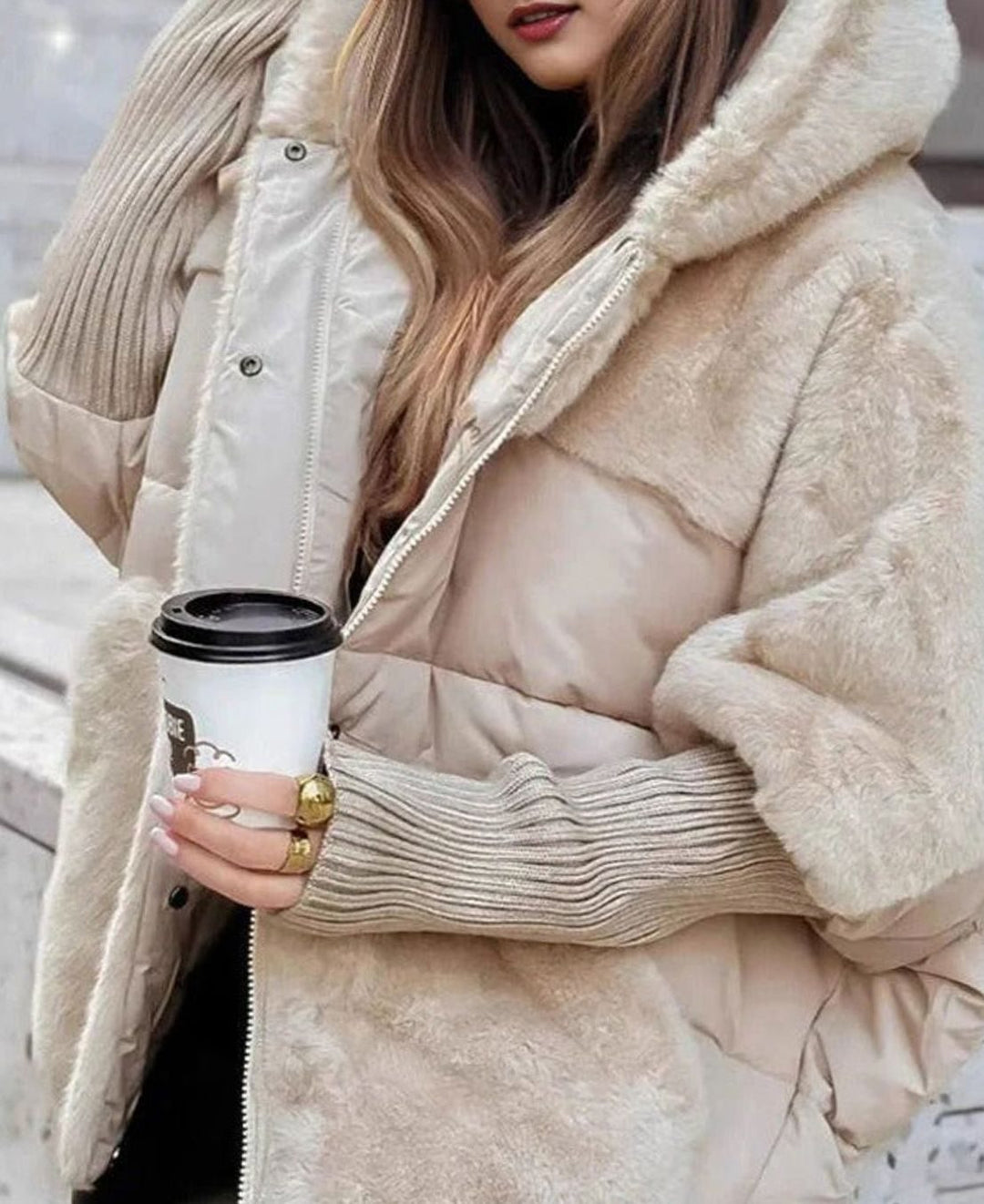 Women's Hooded Faux Fur Trim Quilted Puffer Jacket - Beige