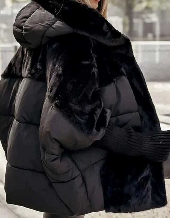 Women's Hooded Faux Fur Trim Quilted Puffer Jacket - Black