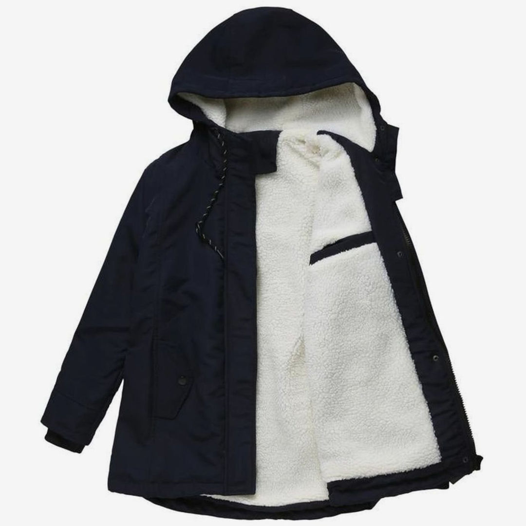 Women's Hooded Fleece-Lined Longline Puffer Jacket - Dark Blue