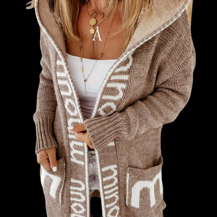 Women's Hooded Oversized Knit Cardigan Letter Print Open Front