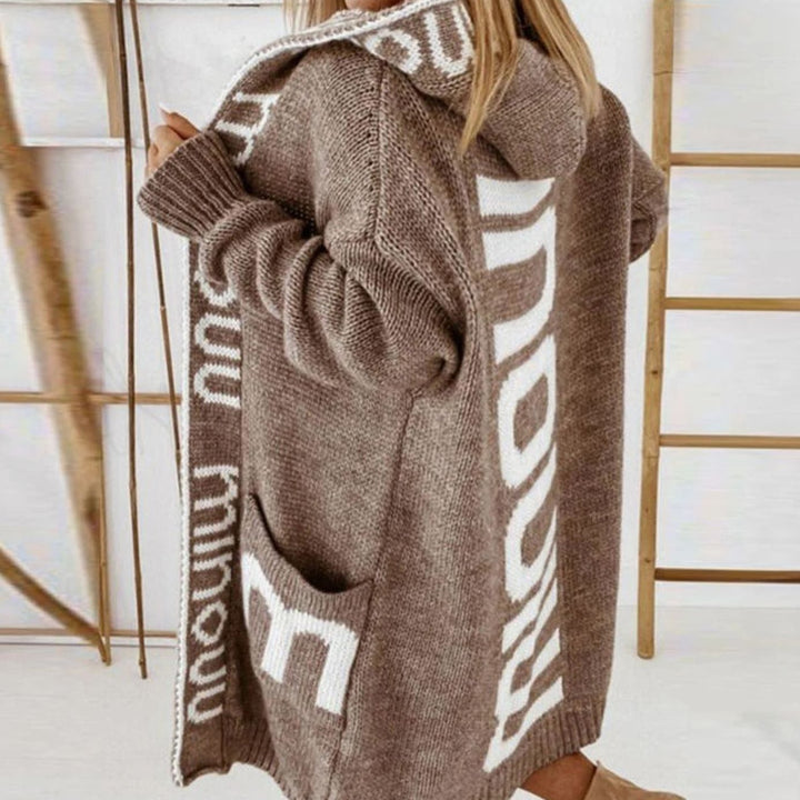 Women's Hooded Oversized Knit Cardigan Letter Print Open Front