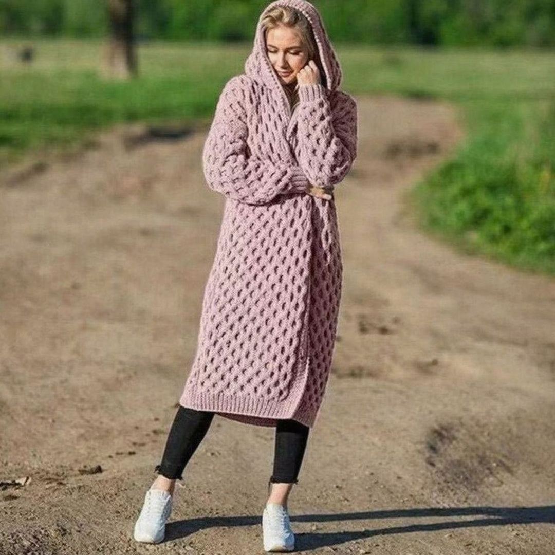 Women's Hooded Oversized Knit Cardigan Long Cable Jumper