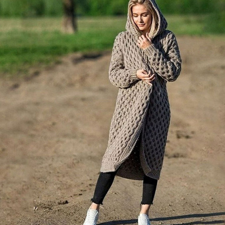 Women's Hooded Oversized Knit Cardigan Long Cable Jumper