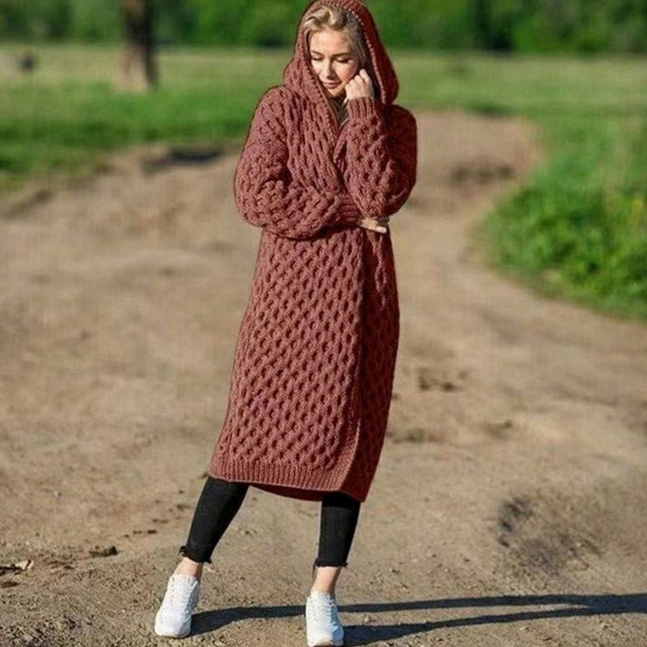 Women's Hooded Oversized Knit Cardigan Long Cable Jumper
