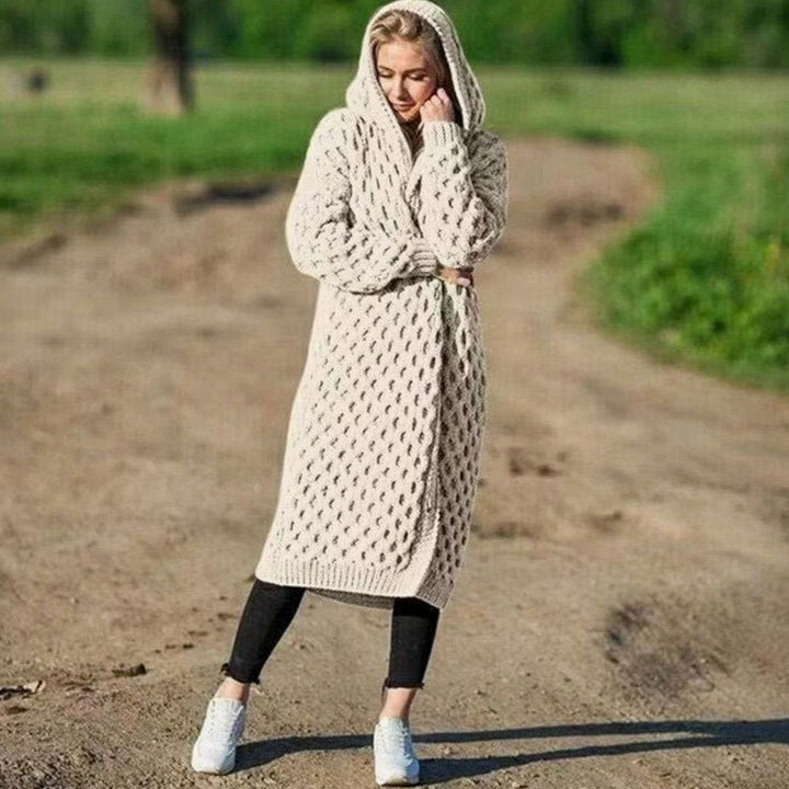 Women's Hooded Oversized Knit Cardigan Long Cable Jumper